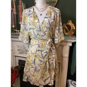 Dress Forum Wrap Dress SZ Small Yellow Floral Burnout Velvet and Sheer Fabric